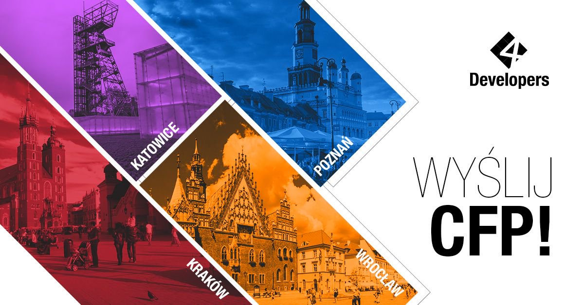 Zostaliśmy Community Partnerem Satelit <a href="/4Developers/">4Developers</a>
Szykują się ścieżki:.NET, Architektury aplikacji, Java, Javascript, Mobile, Python,
Cloud Computing
Wysyłajcie #CFP bit.ly/2LwMZ1W
-------------------------------------
Rokład jazdy i bilety 4developers.org.pl