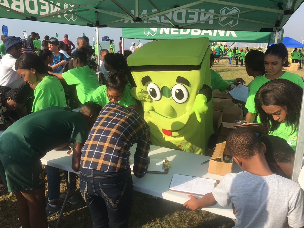 environmentza's tweet photo. @environmentza mascot #Billybin hard at work assisting @Nedbank with volunteer registration. #Teamup4KZN https://t.co/QVC352CZmU