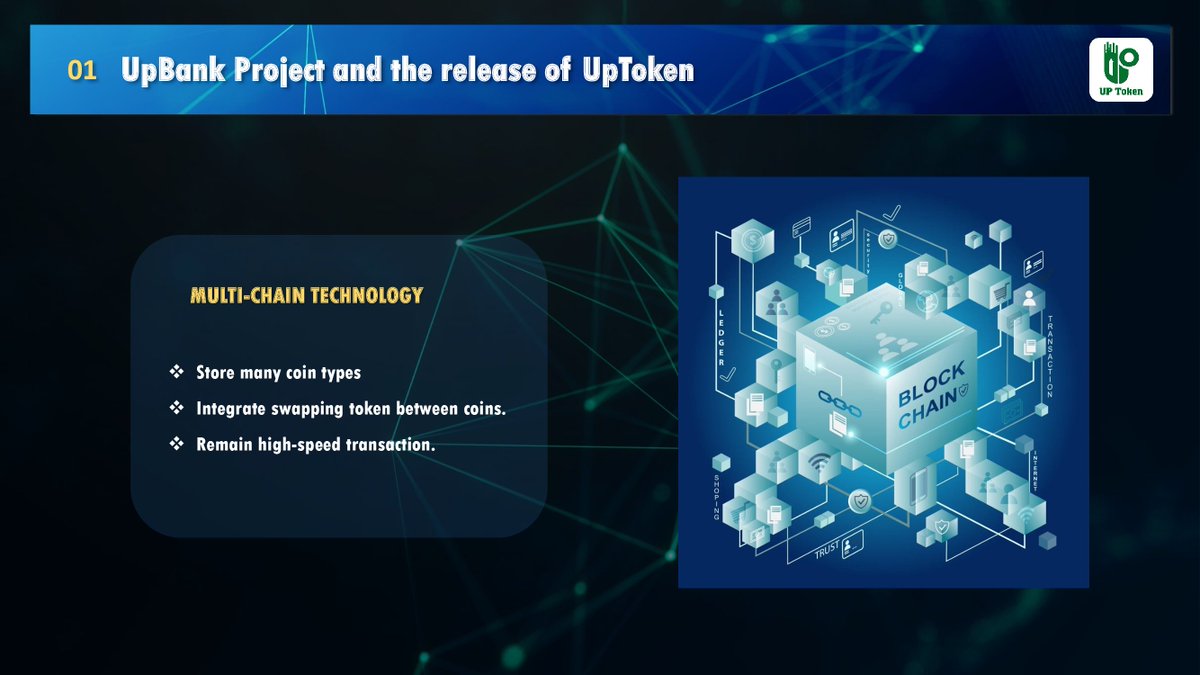 UpToken2's tweet image. 👍 UPBank platform has integrated with the most advanced technologies:

🎗 MULTI-CHAIN TECHNOLOGY: Store many coin types, integrate swapping token between coins, remain high-speed transaction.

#UPToken
#UPBank
#Ecosystem