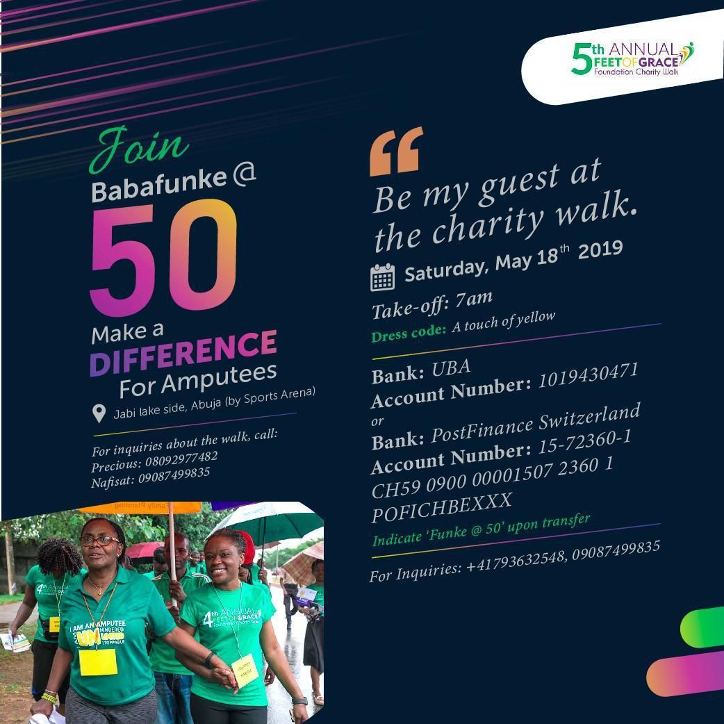 FeetofGrace_F's tweet photo. Team Abuja the Special Funke@50 charity walk is set to walk so Amputees may walk again there by making their lives better.
@IreneOlumese
#amputees #Amputeelife #10amputees1dream #2019HitTheStreet #feetofgrace #improvinghumanity #crowdfunding #gofundme #helpothers #socialimpact https://t.co/lEO8yoWJds