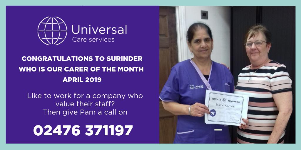 Universal_Care_'s tweet image. Congratulations to Surinder for becoming our Carer of the month for April 2019. Surinder has been logging in and out of her calls as well as helping the branch when needed. Thank you very much Surinder for all your hard work. #caresupportworker #Nuneaton #UCS