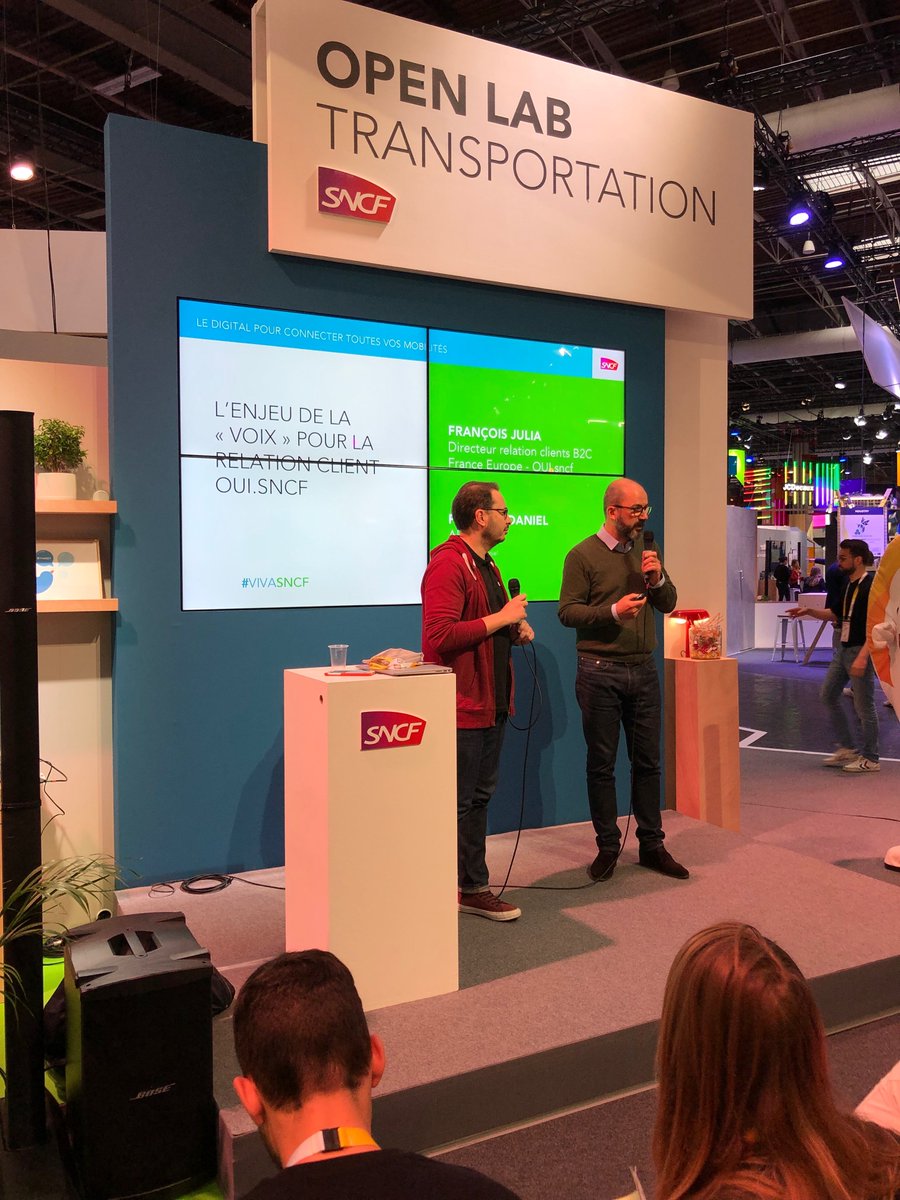 SNCFConnectTech's tweet photo. [#VivaTech] 
Intervention croisée de François Julia et @Fredericdaniel d'@AlloMedia. La solution de la #startup nous permet d'analyser en temps réel les appels de de nos clients et de les relier à leur parcours de navigation online. Nous améliorons ainsi nos services.
#VivaSNCF https://t.co/FAhK2nfVc9