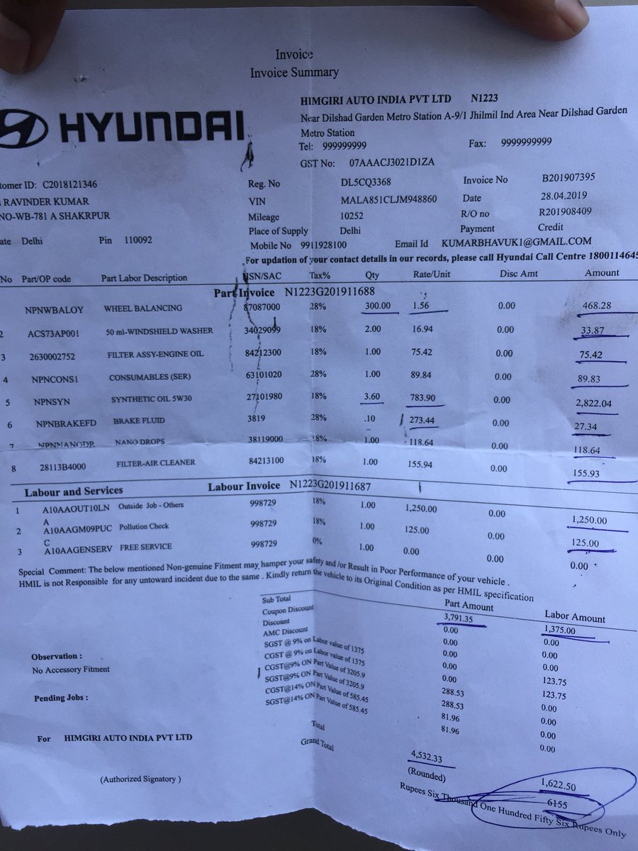 BhavukKumar2's tweet photo. Pathetic Hyundai Service. Coming 3rd time for same problem within 6 months of car purchase. Wheel alignment and balancing not done even when it is included in bill. Himgiri Hyundai Service manager refusing. @Hyundai_Global @HyundaiIndia @HimgiriHyundai Jhilmil https://t.co/bGwCPaDMy6