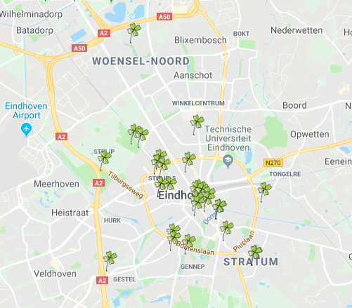 Zo ziet de kaart van #Eindhoven er uit tijdens de #geluksroute040 dit weekend. Op al die plekken kun je op wisselende tijden allerlei #geluksmomenten ervaren. 
geluksroute040.nl