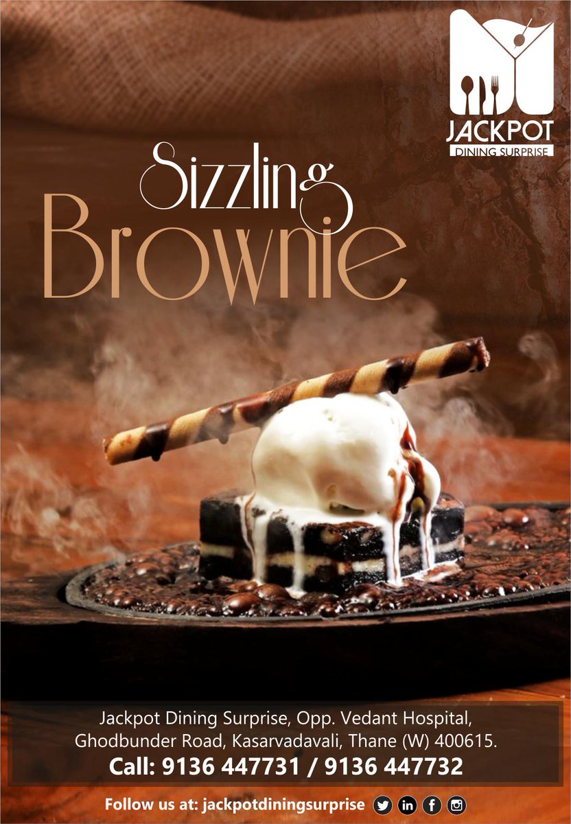 DiningJackpot's tweet photo. No matter how much you eat, there is always room for Dessert.
Come and enjoy #SizzlingBrownie before it melts 😋 

#Dessert #Brownie #JackpotDiningSurprise #GhodbundarRoad #Thane https://t.co/YfXkLwcryG