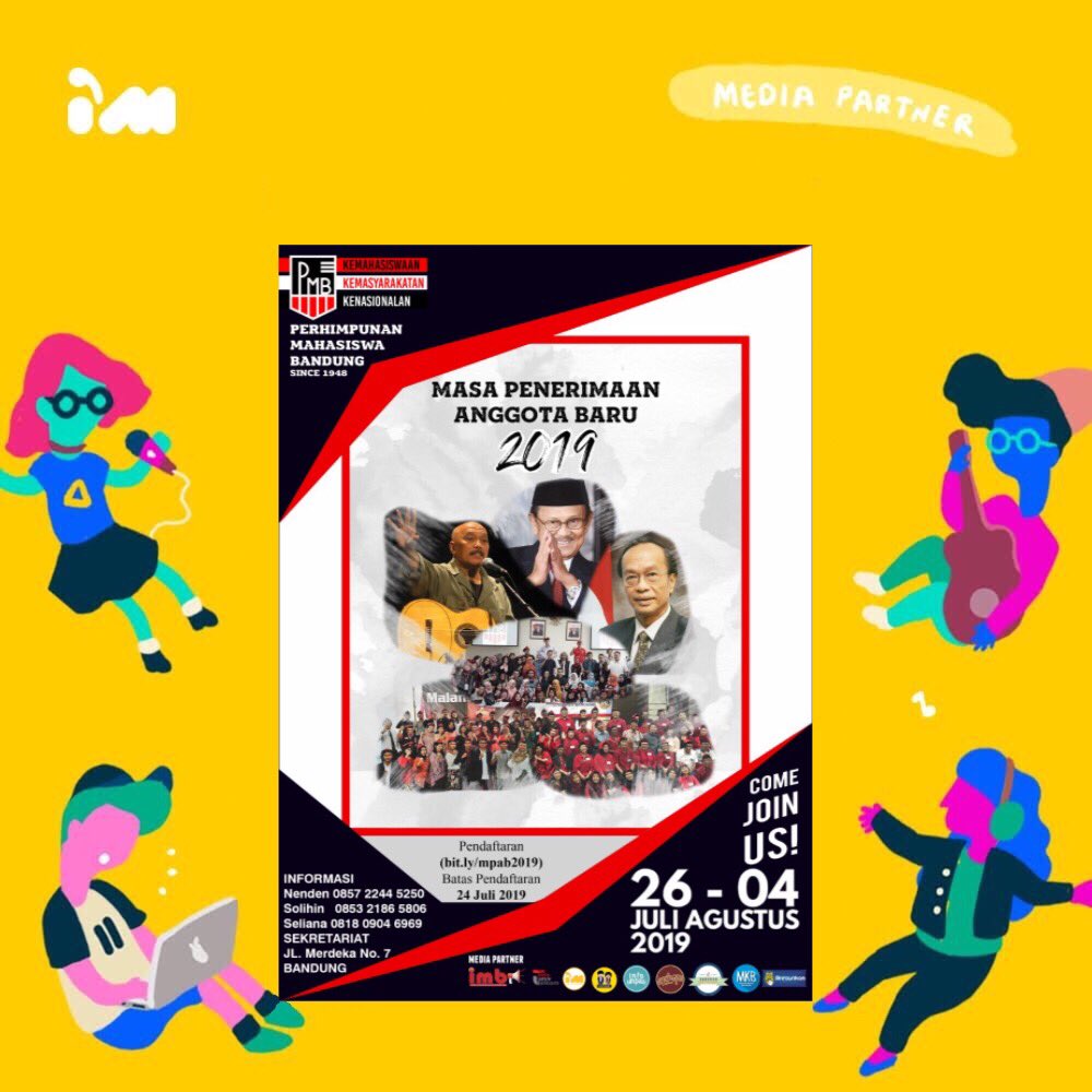 📢[PERHIMPUNAN MAHASISWA BANDUNG]📢

Proudly Present:

✨MASA PENERIMAAN ANGGOTA BARU 2019✨

VIVAT PMB!!! 

🚨Untuk Mahasiswa/i yang berkuliah di seluruh Institut/Sekolah Tinggi/Universitas yang ada di Bandung🚨