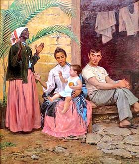 Redemption of Ham(A Redenção de Cam)The painting depicts a black grandmother, mulatta mother, white father and their  #quadroonchild, hence three generations of racial hypergamy through whitening. https://en.wikipedia.org/wiki/Blanqueamiento