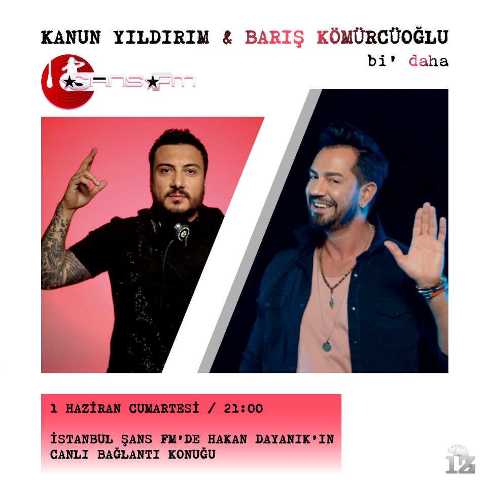 1 Haziran 2019 Cumartesi saat 21.00'de İstanbul Şans FM'de Hakan Dayanık'ın canlı bağlantı konuğuyuz. Bi Daha ile tüm Türkiye ve Avrupa'da yerel radyolar aracılığı ile herkese ulaşıyoruz.

#djkanunyildirim #barisonair #izprdanismanlik #sevinculus #mertulusonline #bidaha #şansfm
