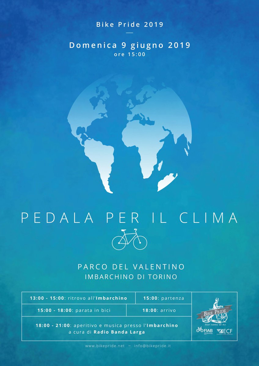 Bike Pride (@bikepride) on Twitter photo SAVE THE DATE
X edizione del #BikePride di #Torino. Pedala per il clima.
Domenica 9 Giugno, Parco del Valentino, Torino.
Programma
15:00 partenza
15:00-18:00 parata in bici
18:00 arrivo
18:00-21:00 aperitivo musicale a cura di Imbarchino del Valentino e <a href="/RadioBandaLarga/">Radio Banda Larga</a> SAVE THE DATE
X edizione del #BikePride di #Torino. Pedala per il clima.
Domenica 9 Giugno, Parco del Valentino, Torino.
Programma
15:00 partenza
15:00-18:00 parata in bici
18:00 arrivo
18:00-21:00 aperitivo musicale a cura di Imbarchino del Valentino e <a href="/RadioBandaLarga/">Radio Banda Larga</a>