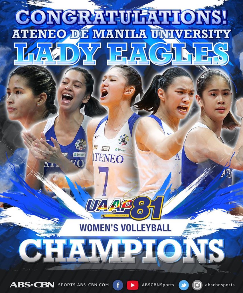 Congratulations to the #UAAPSeason81Volleyball CHAMPIONS, the ATENEO LADY EAGLES and our #GameChangersPH girls, Maddie, Jules and Deanna!!💙💙💙 SO PROUD!!! #OBF