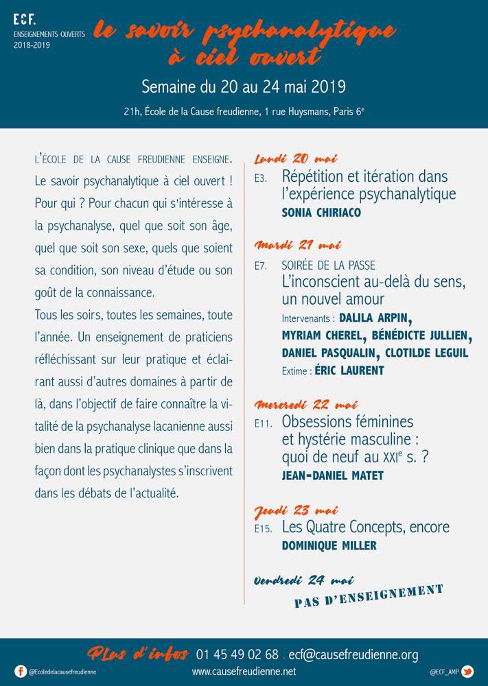 guidelacanienGP's tweet photo. "Obsessions féminines et hystérie masculine : quoi de neuf au XXIème siècle?" L'enseignement ouvert de Jean-Daniel Matet @jidemas
Mercredi 22 mai à 21h au Local de l'ECF
1 rue Huysman, Paris 6ème
Accès libre
#psychanalyse #obessions #hystérie
@ECF_AMP @ACFIdF @EnversDeParis https://t.co/sa6YNejW3q