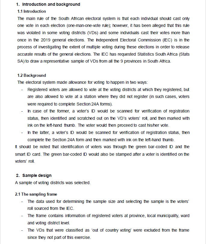 atkinsmike1's tweet photo. Here is the Statistician-General's Report on the #MultipleVoting, asked for by the #IEC. I would appreciate informed comment on this. It seems rather narrow, and I am not seeing HOW this answers the question of whether there was multiple voting.
(Does anyone have the Annexures?) https://t.co/LsVdd4E8uF