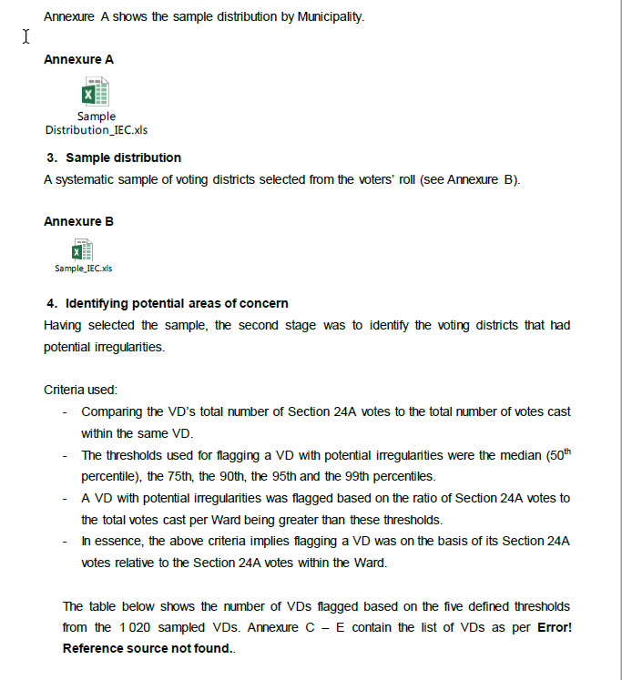 atkinsmike1's tweet photo. Here is the Statistician-General's Report on the #MultipleVoting, asked for by the #IEC. I would appreciate informed comment on this. It seems rather narrow, and I am not seeing HOW this answers the question of whether there was multiple voting.
(Does anyone have the Annexures?) https://t.co/LsVdd4E8uF