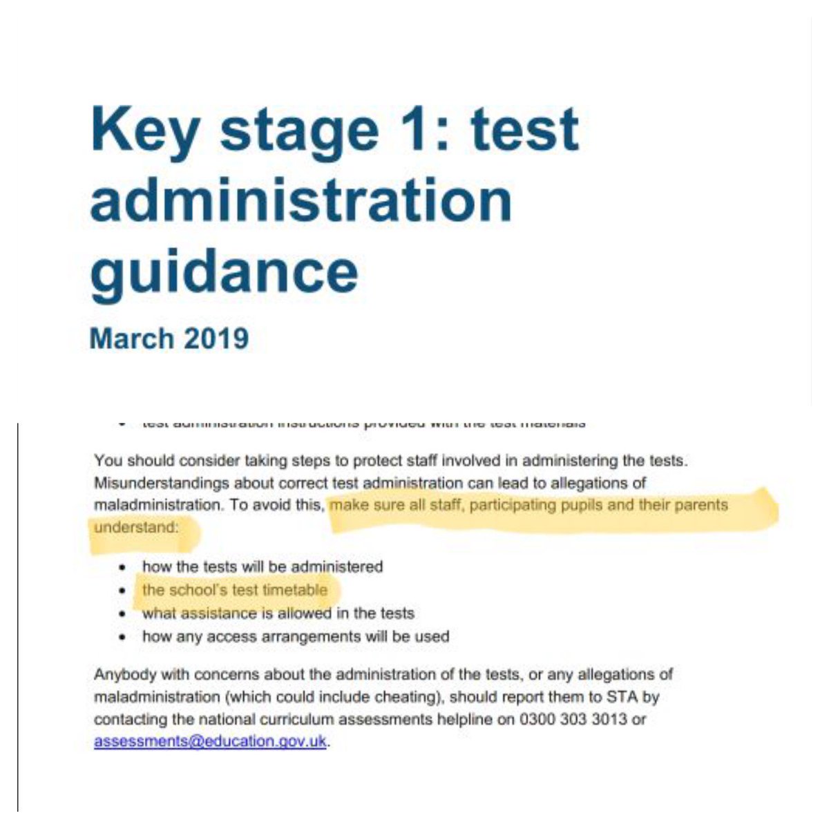 ParentEdHub's tweet photo. @WilliamsonLynne @PaulGarvey4 @amanda_spielman @educationgovuk This is from the KS1 Test Administration Guidance - instructions on delivering the tests say pupils should understand "the school's test timetable." Which seems like a pretty clear instruction that they should know when the tests will be... https://t.co/Ee8PePtDS4