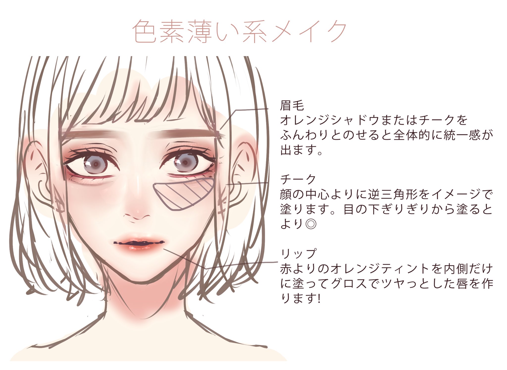 Liii 色素薄い系メイク イラスト解説 今回は透明感のある儚い女の子を目指してみました 下地をピンク系のものにするとより透明感が出て 全体の印象がまとまります T Co Pnaqnhr1ww Twitter