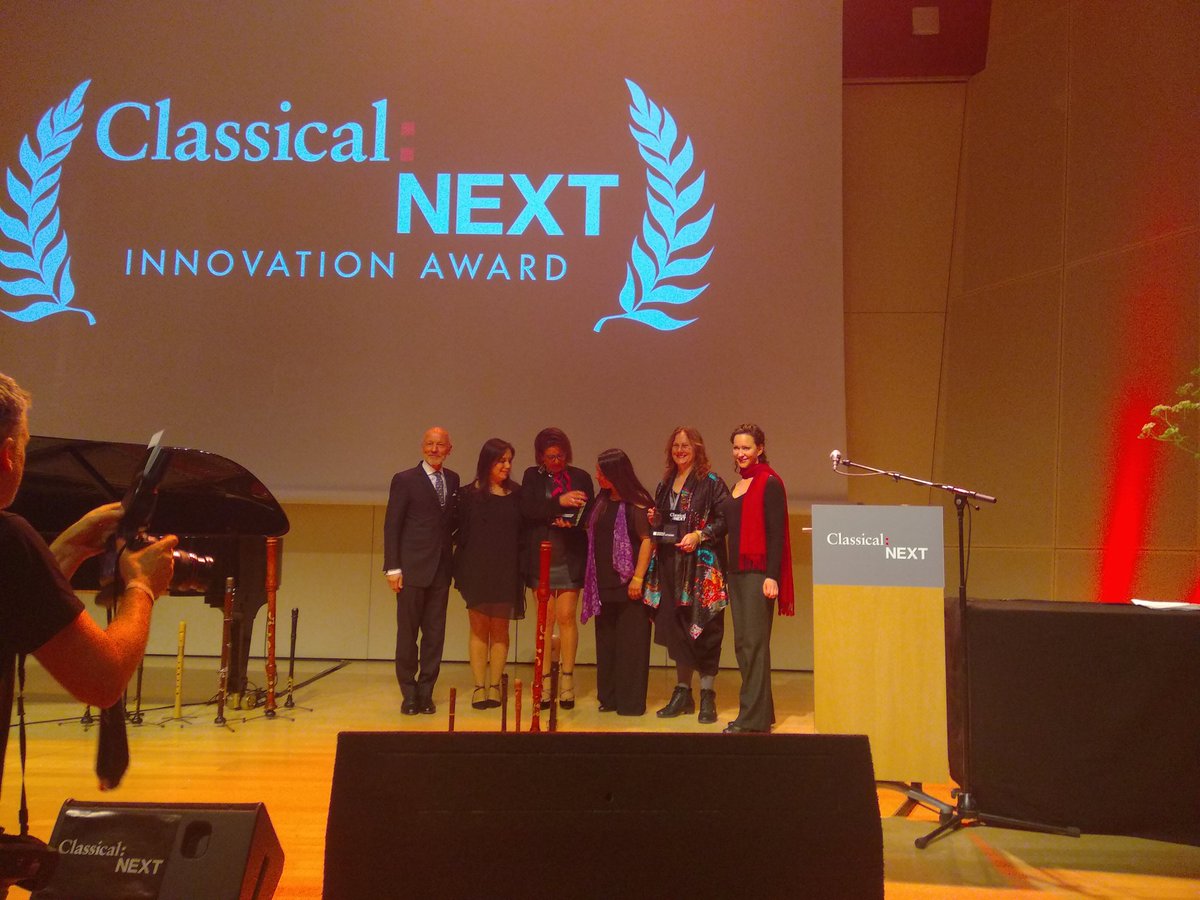 ClassicalNEXT's tweet photo. A big warm congratulations to this year's Innovation Award Winners. @vanessa_prsf (@KeychangeEU / @PRSFoundation), Shirley Apthorp (@umculo_sa) and the fantastic #resonanciafemenina from Chile! Thank you for making a difference and for making this edition of #cnext19 so special! https://t.co/K3veiPwPVy