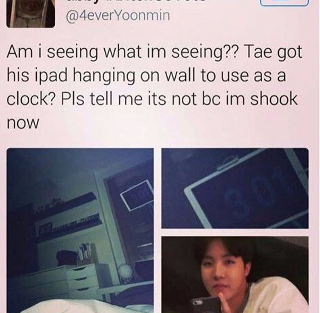 btsentaesiast's tweet photo. tae be out there using ipad as wall clock and here i am i can’t even afford new batteries for my wall clock lol https://t.co/wf0qvqpGYe
