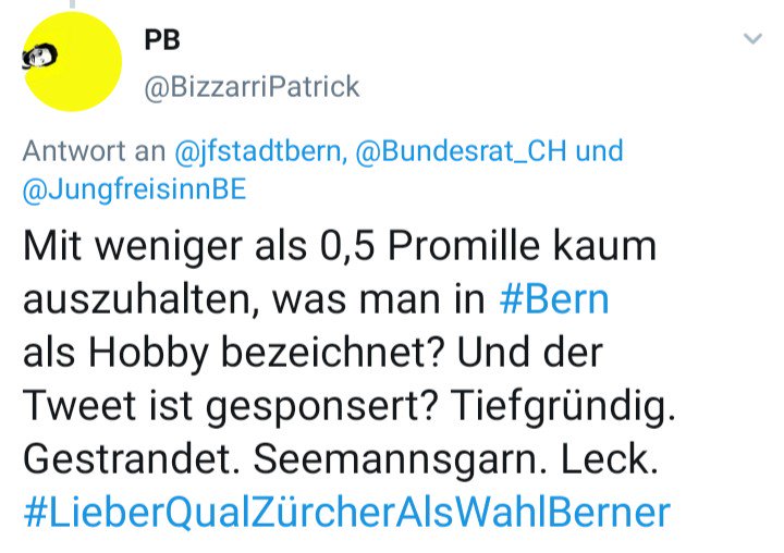 BizzarriPatrick's tweet photo. @a_gossweiler @Twitter @JungfreisinnBE In #AltstettenIst es auch üblich, für Parteien aus der Stadt #Bern zu stimmen. Ganz besonders, wenn man die Partei der Wahl beleidigt (#LieberQualZürcherAlsWahlBerner) und diese dann beleidigt reagiert. https://t.co/WtcM1EJqWJ