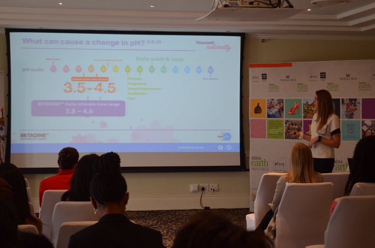 missearth_sa's tweet photo. Learning so much from Camille Guigon from @BetadineSA, our new partner. Learning all about the Betadine's new range products, pH levels and self care.
#EnviroTalk #YourselfNaturally #MissEarth2019 https://t.co/sj585RbcXn