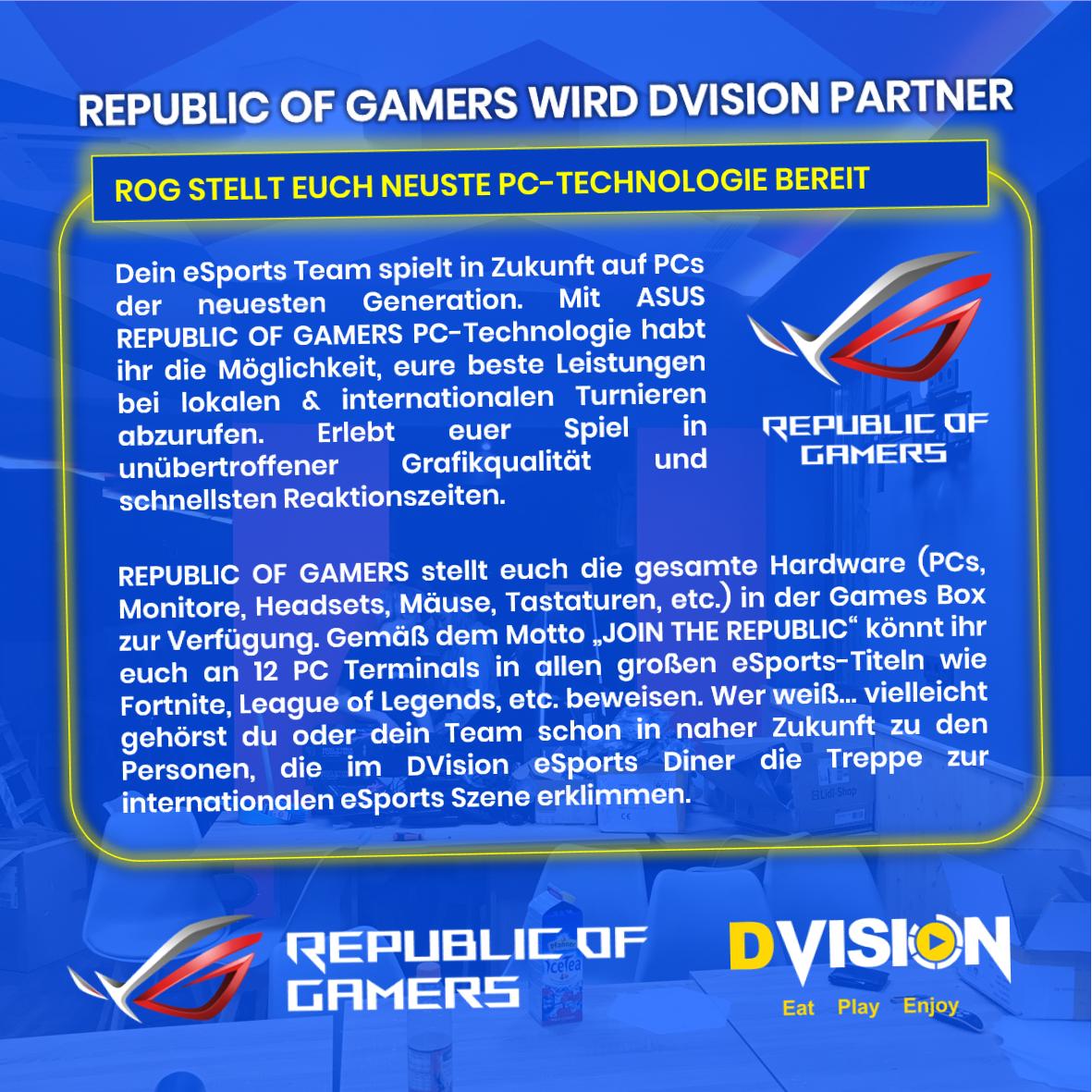 eSportsDiner's tweet photo. Zusammen mit ROG als Partner bieten wir euch nicht nur gutes Essen, sondern auch gutes Gaming. #gamesbox #eSports #eSportsDiner https://t.co/Be7frJ1T8M