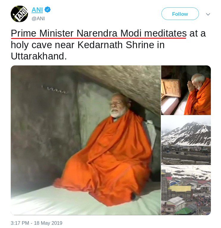 3:17 pm: PM Modi IS meditating. Click.
4:10 pm: PM Modi will begin his mediation in a few hours. He was just posing for the camera on ANI's special request.