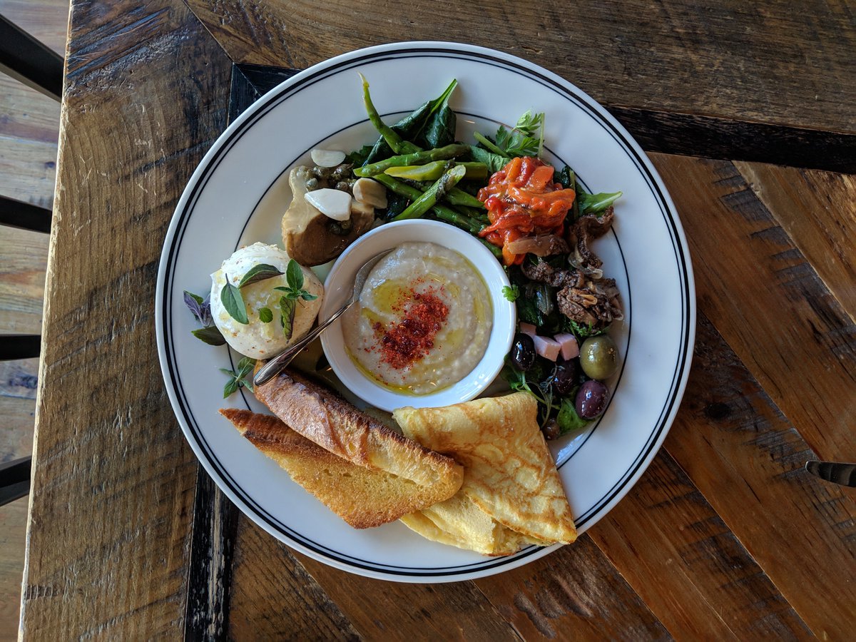 Dips, cheese, crespelle (chick pea pancake) & Pugliese toast served with lots of tasty pickled things. #AntipastiPlate #SeenInShaw