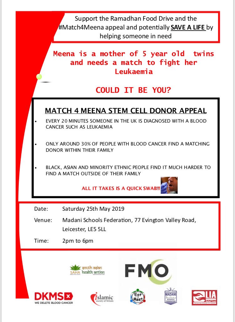 z4zubeda's tweet photo. Saturday 25th of May please come to @MadaniSchools and help us find a match 4 Meena @Match4meena @DKMS_uk also support the Ramadhan Food Drive #savealife #match4meena https://t.co/O0wB6CJbq2