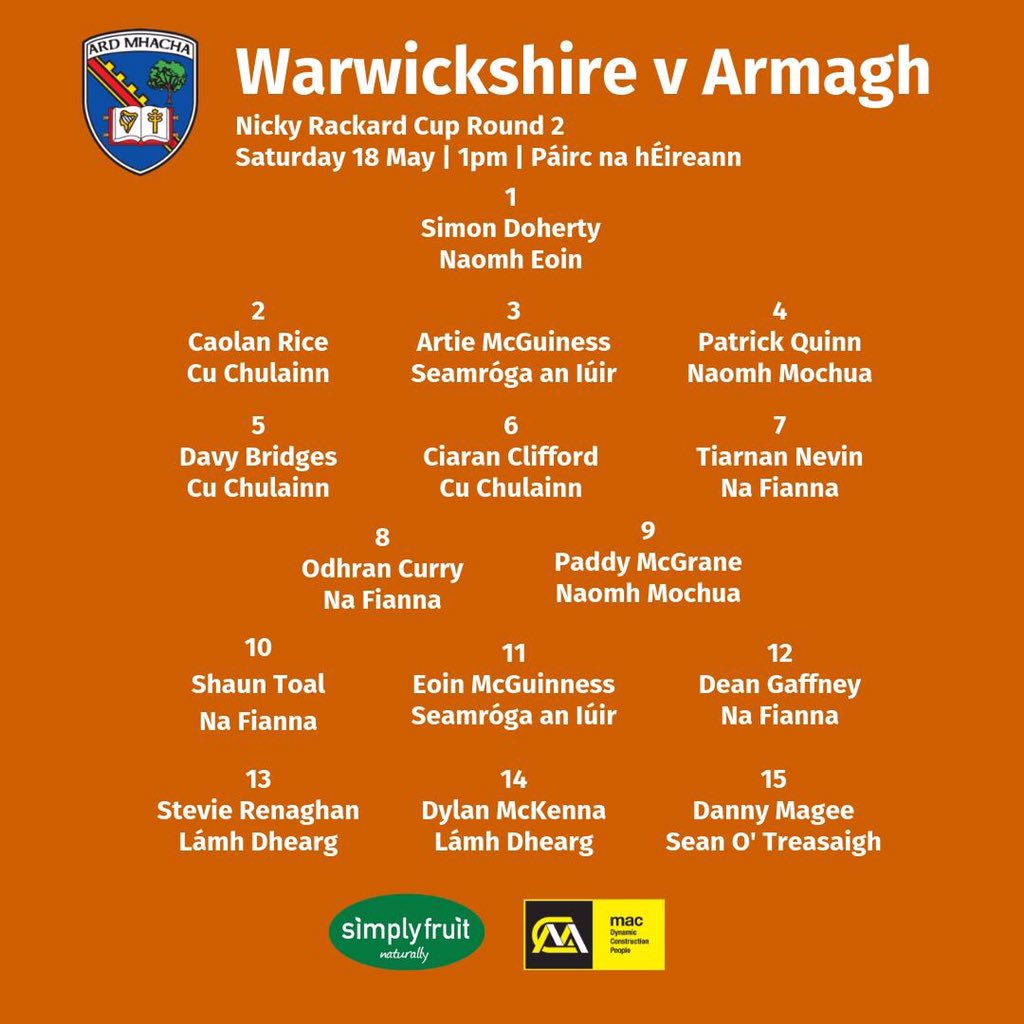 Armagh_GAA's tweet photo. Armagh team to start in today’s Nicky Rackard Group 1 Round 2 game https://t.co/5JqRCIFHS0