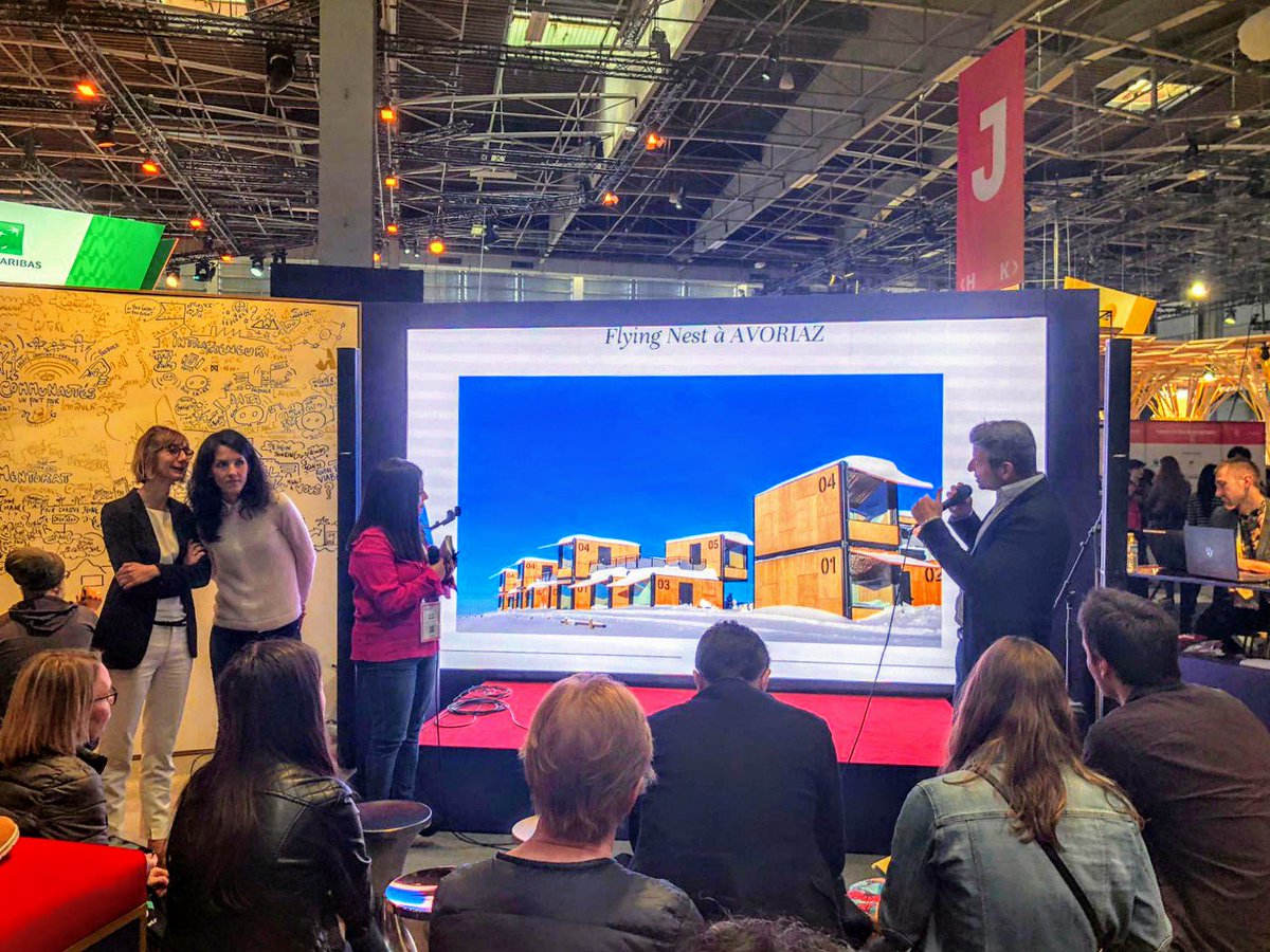 Accor's tweet photo. [#VIVATECH]  When design thinks outside of the box - that's what #FlyingNest is about. Sébastien Dupic, Project Director of the concept and the #Design team are presenting #Accor's #MobileHotel concept. #AccorLab #innovation for #ALL https://t.co/n4Q8NnbPzN