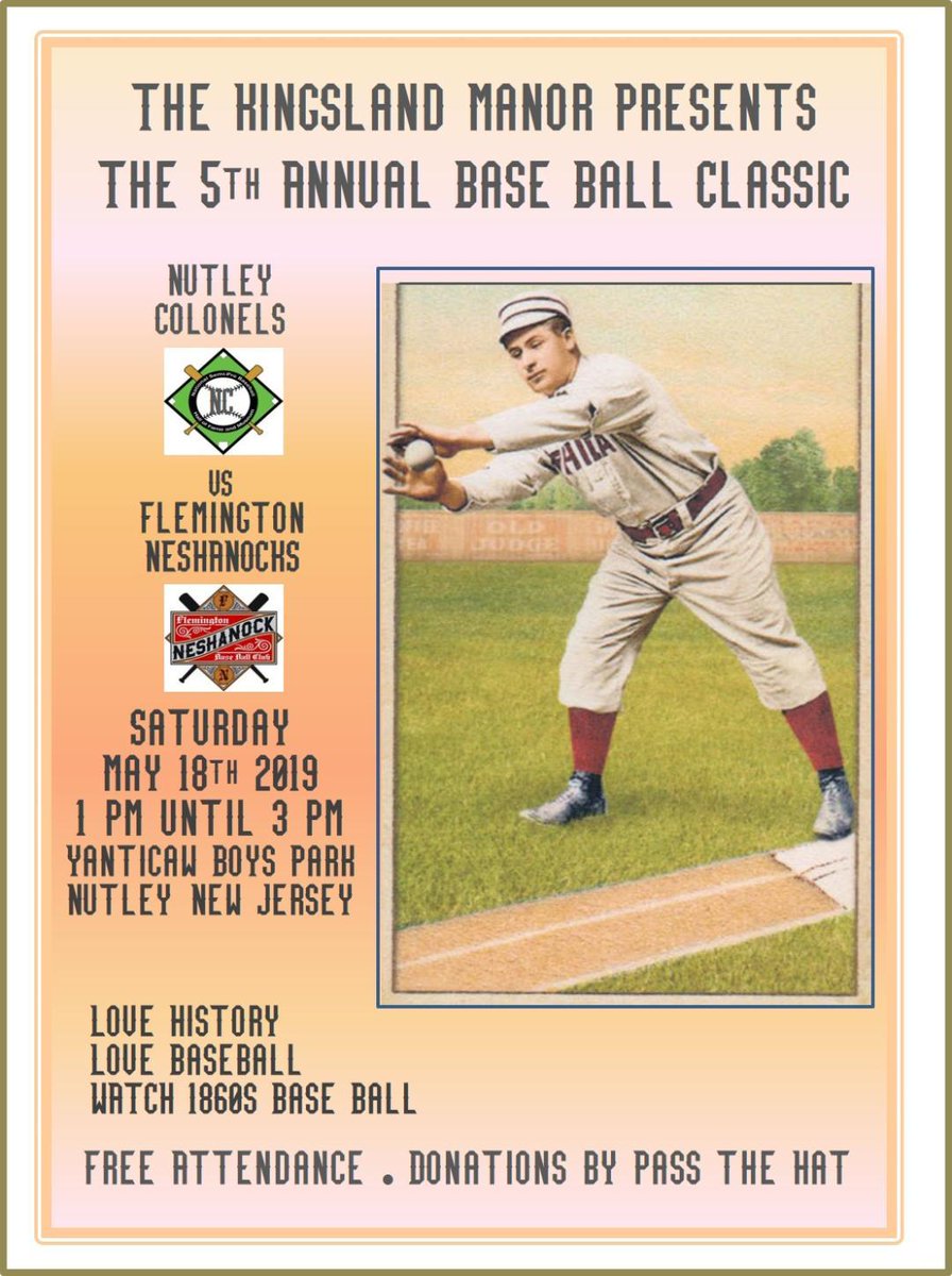 Join us today (Sat.) 5/18  as <a href="/KingslandManor/">Kingsland Manor</a> plays Classic Baseball vs. the Flemington Neshanocks 1 to 3 pm at Yantacaw Boys Park Passaic Ave. #Nutley FREE Admission 1 to 3 PM. Also Sun. 5/19 Open House <a href="/KingslandManor/">Kingsland Manor</a> 3 Kingsland St. 1 to 4 pm tours &amp; refreshments.