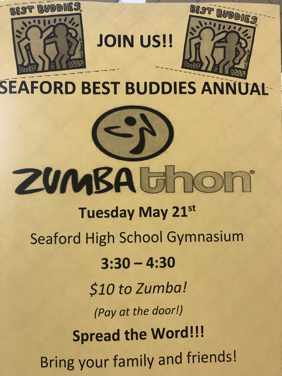 It’s the Best Buddies Annual Zumbathon Tuesday, May 21!! Bring $10 and get ready to have fun 💚 <a href="/SHSbestbuddies/">Seaford Best Buddies</a> <a href="/MrsRussellCDP/">Mrs. Russell</a> <a href="/StevenAnusiak/">Steven Anusiak</a> <a href="/ccasertaSLP/">Mrs. Caserta</a> #zumba