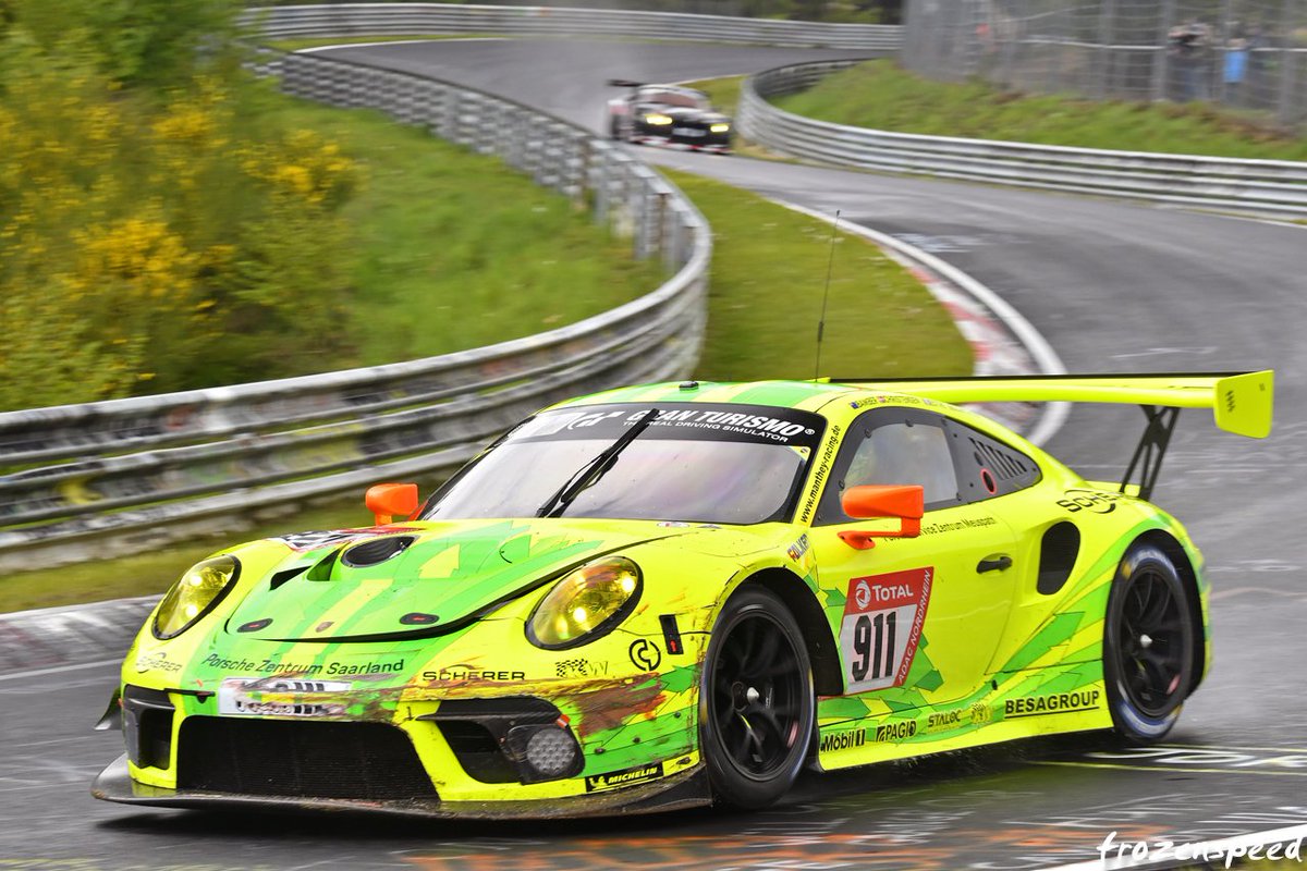 Frozenspeed's tweet photo. Nothing sums up the intensity of the N24 better than seeing the Manthey 911 take damage on the first lap of first free practice of the qualification race due to a flash local rainshower.
Don't worry, they came prepared. https://t.co/9vMyjnZ4O8