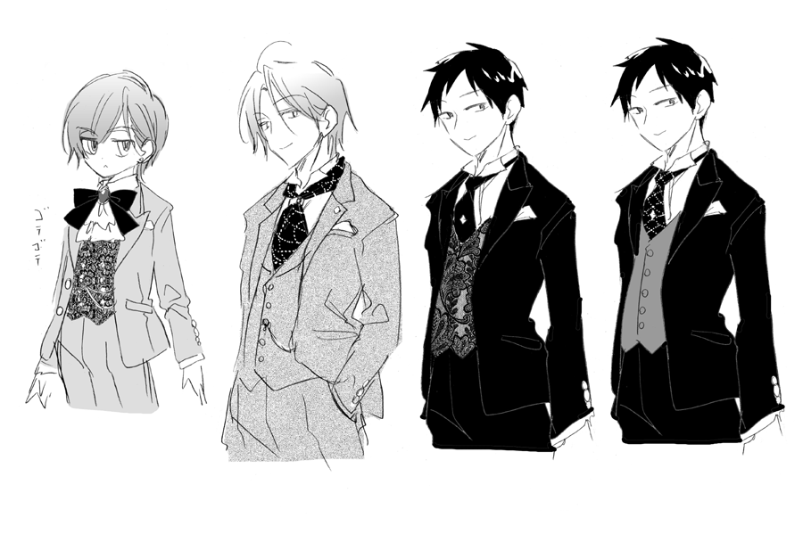 こちら20話の衣装設定です。大変でした。服に華やかなトーンを使う予定でしたが貼ってみたら絵が負けたので本編はシンプルになっとります。他にも変更点ちょこちょこ。カイは髪結びたかったけど誰かわからなくなりそうだったのでやめました。一番遊んでるのは耀かな 胸のヒラヒラ(ジャボ)あったり笑 