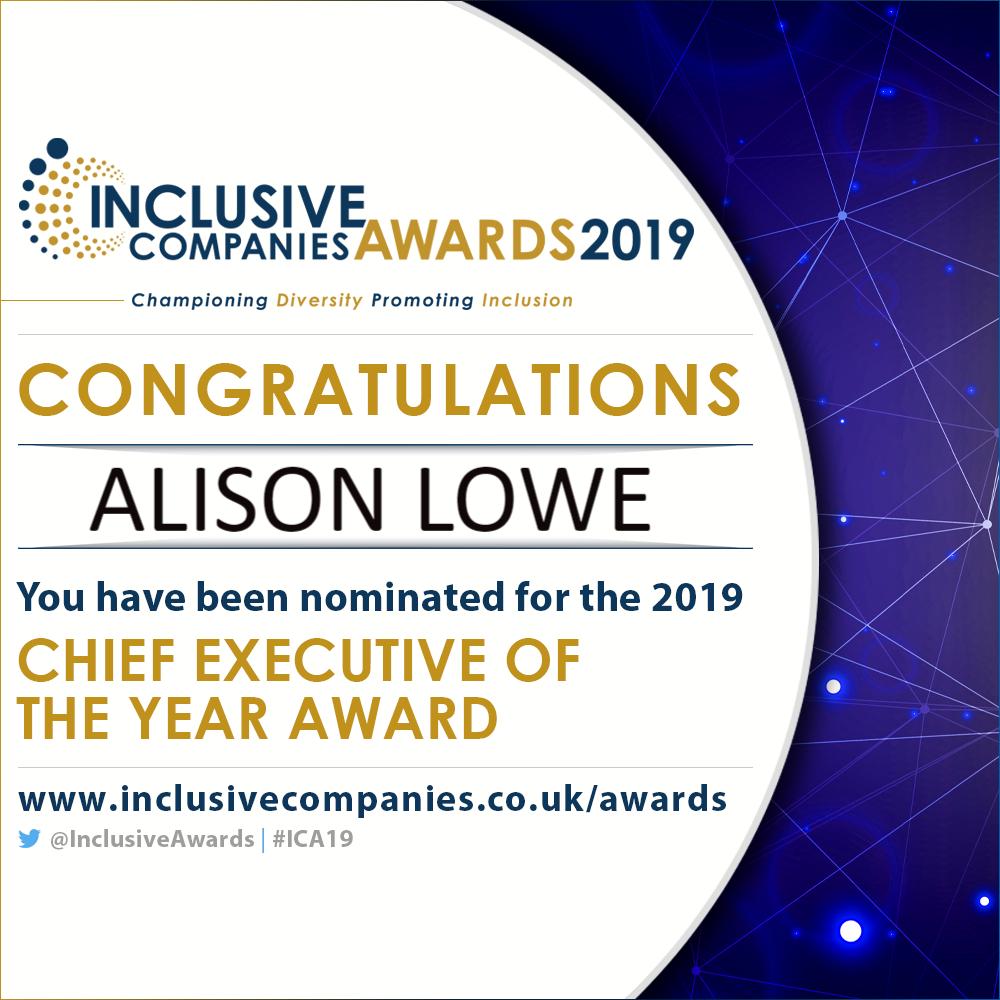 InclusiveAwards's tweet image. Congratulations to @alison_4life ! Nominated for the Chief Executive of the Year Award at the 2019 Inclusive Companies Awards! #ChiefExecutive #ICA19
