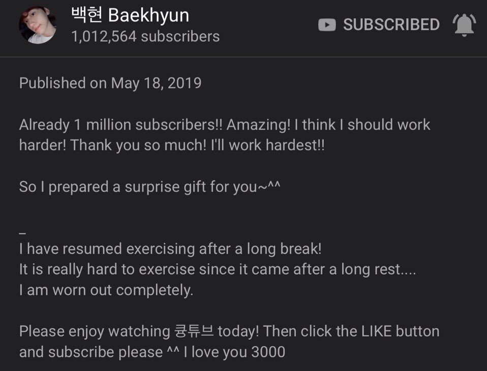 EXOGlobal's tweet photo. [VIDEO] 190518 [1M'ㅅ'!] #BAEKHYUN's VLOG (exercise/pink slippers/eating show of diet food/so hungry)
https://t.co/V8roQhHAwf

Give a like and leave only nice comments ❤️

#큥튜브1M  #KyoongTubex1M
#EXO #엑소 @weareoneEXO @B_hundred_Hyun https://t.co/sBzdDURzbP