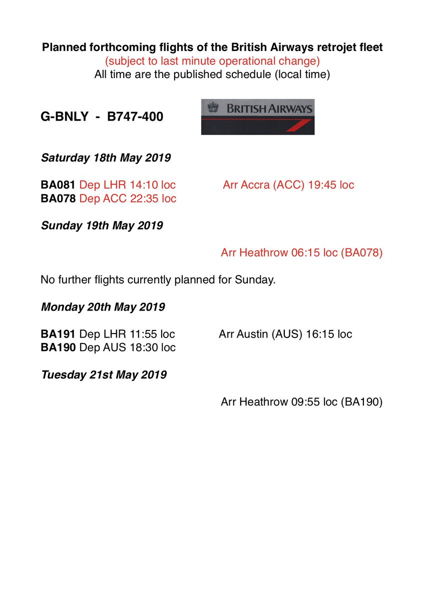 Update to the BA retrojet fleet movements for the next few days. As always, this is subject to last minute operational change. Please note, this will be the last update until early June, due to annual leave. See you in June 👋