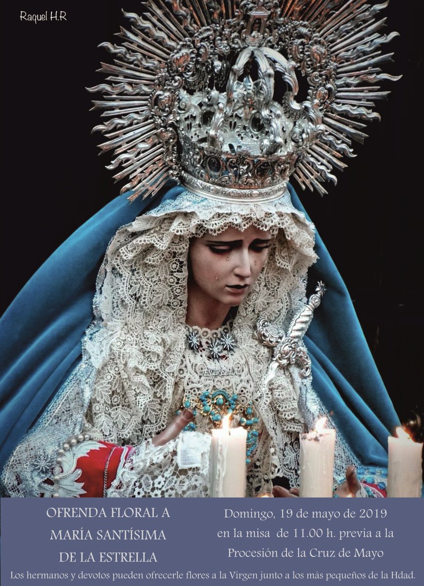 Mañana la Hermandad celebraremos la Cruz de Mayo con <a href="/GJ_Salud/">GJ Salud y Estrella</a>.
Te invitamos a que deposites a las plantas de María Santísima de la Estrella tu ofrenda floral.
Después procesión con los sones de <a href="/amsaludcc/">Agrupación Musical Nuestro Padre Jesús de la Salud</a> y romería en la ermita del Paseo Alto.