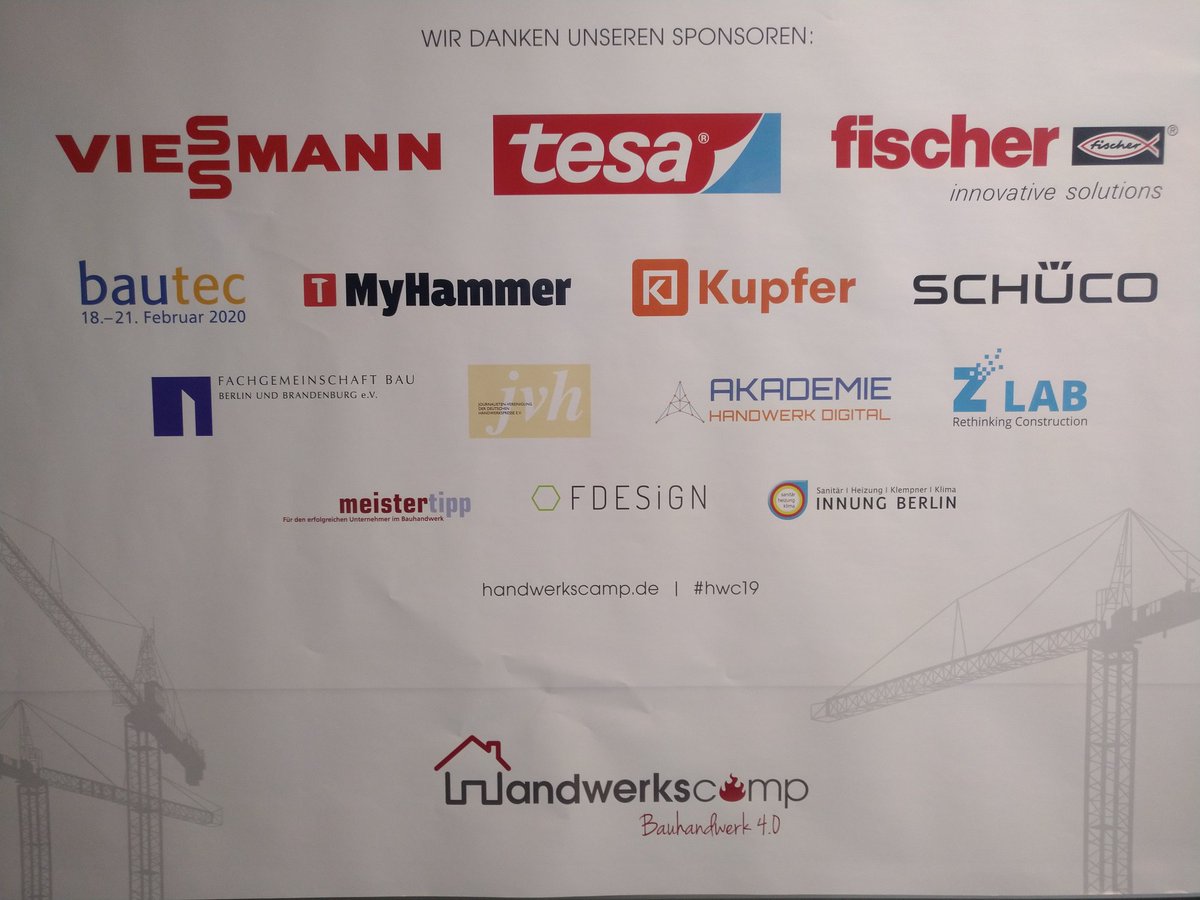 handwerkscamp's tweet photo. Danke noch einmal für eure Unterstützung @Viessmann, @tesa_DE, @fischer_global, @bautec_Berlin, @MyHammer_de, Kupfer Software, SCHÜCO, FG Bau, JVH, Akademie Handwerk Digital, Zlab, @meistertipp, FDesign, @InnungShk - die Sponsoren rocken das #hwc19 :-) https://t.co/TnXju4JqWH