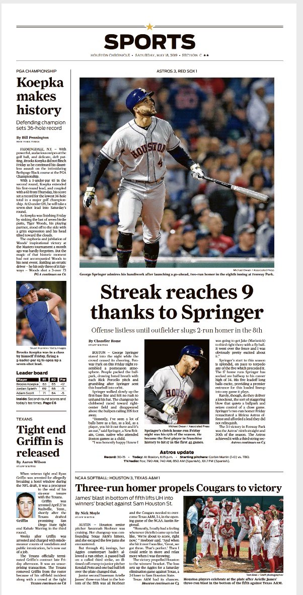 Joseph_Duarte's tweet image. Today’s @HoustonChron Sports cover featuring #TakeItBack #Texans #PGAChampionship @UHCougarSB
