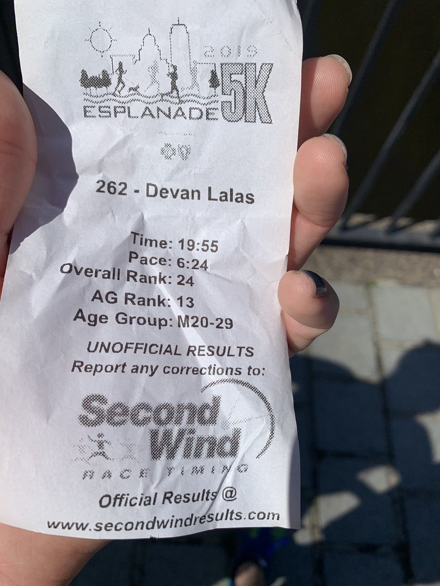 DevanLalas's tweet photo. Not sure how! But met my goal today at the #Esplanade5k and broke 20:00 min. Official time: 19:55!! On to the next goal. Break 19! #FastCourse #Flat #PerfectWeather #BeautifulRun https://t.co/RlR16ELKOQ