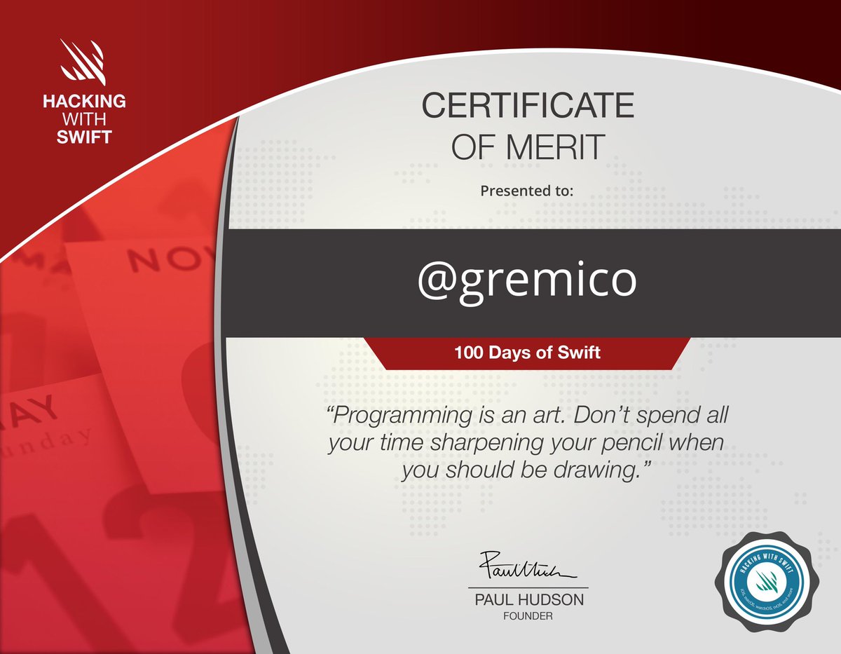 Gremico's tweet image. ✅💯‼️Thank you @twostraws for this opportunity and the awesome content. And thank you to everyone for the ‘likes’ and comments. That support is what kept me going. #100DaysOfSwift #HackingWithSwift