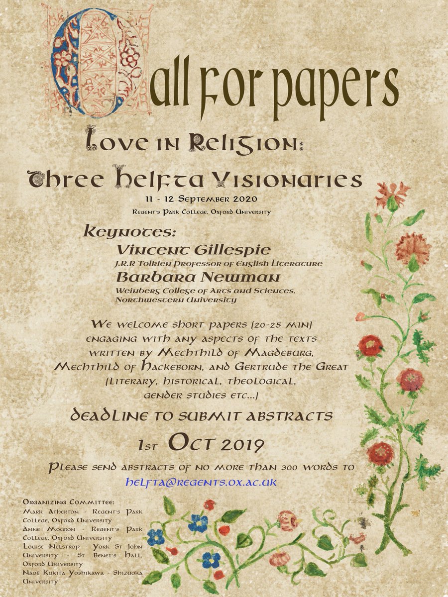 NorthEngSaints's tweet photo. CFP for fantastic-sounding conference on Helfta women visionaries. Oxford, 11-12 September 2020. Keynotes by Vincent Gillespie and Barbara Newman. Please RT. https://t.co/pw2LYu3YUY