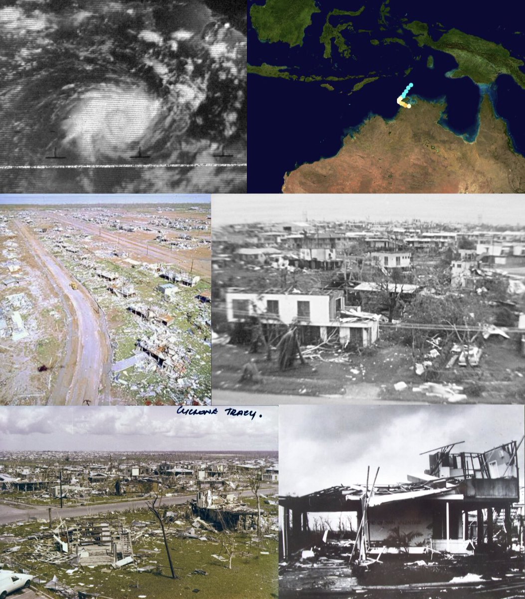 On Christmas Eve 1974, Darwin Australia has come face-to-face with #CycloneTracy, a 125mph Category 3 storm that caused catastrophic destruction in the small town. It is the 2nd smallest TC worldwide, only behind Marco in 2008. Over 71 casualties, and $645.35 million in damage.
