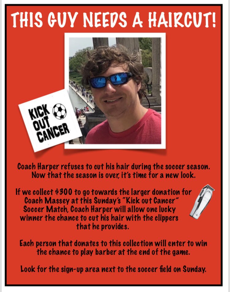 wakefieldschool's tweet photo. Coach Harper needs a haircut! Come on out to the Kick Out Cancer Charity Soccer game tomorrow! Admission is free, but we are accepting donations! Please come out and support Coach Massey! Event starts at 2:00pm https://t.co/DRS9IPLVX5