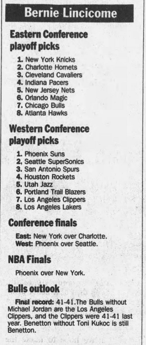 That, of course, is the day that Michael Jordan abruptly announced his retirement a month before the season. With one press conference, a possible four-peat flipped into doom, like Bernie Lincicome predicting the Bulls to finish 41-41.