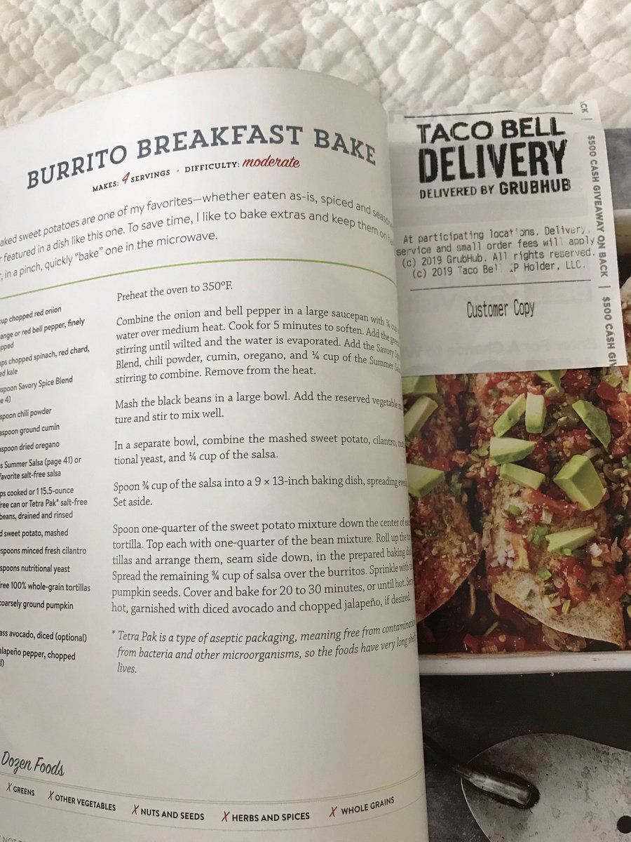 squareduptweets's tweet photo. Checked out this cookbook from the library - a beautiful glimpse into how delicious #wholefoodplantbased cooking is.
The last patron left a receipt for @Grubhub from @tacobell on the Burrito Breakfast Bake page...let’s assume a veggie burrito order?
@nutrition_facts #hownottodie https://t.co/eJ3w10oyHN