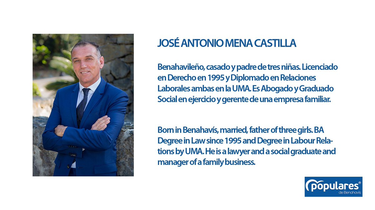 Num 1

Candidato a la Alcaldía de Benahavís por el Partido Popular 

Benahavileño, casado y padre de 3 niñas.
Ldo. en Derecho, Dip. en Relaciones Laborales. Abogado y Graduado Social en ejercicio.
#votapp
#votaJoseAntonioMena
#ApuestaPorLaExperiencia
#ExperienceCounts