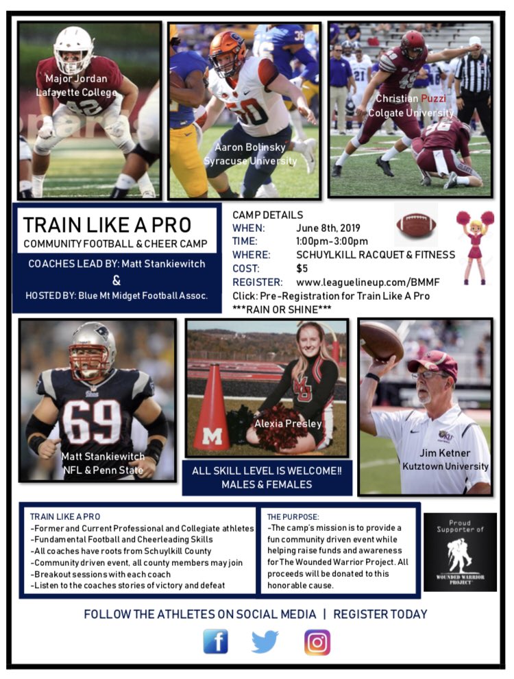 I’m super excited to announce more details about the 🏈 &amp; cheer camp happening in Schuylkill County this June 8th benefiting the Wounded Warrior Project. 

Special Thx to Stacy Perlaki, Joseph Millikin, &amp; the Blue Mt Midget Football Association for planning this event.
