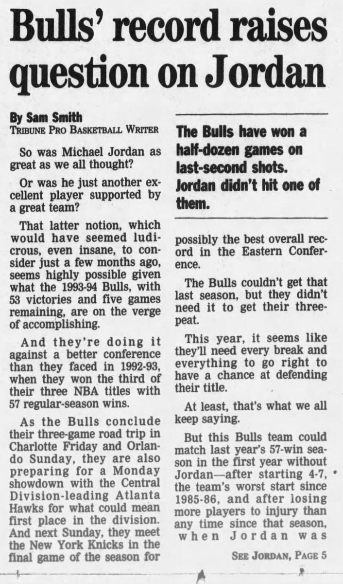 We even saw Sam Smith speculate about Jordan’s value as Pippen led the Bulls to within one game of the East’s top seed, ultimately finishing 3rd.Incredibly, the Bulls won 55 games in 1994, just two fewer than in 1993 with MJ.More on Pippen's '94:  https://readjack.wordpress.com/2016/05/22/scottie-pippen-michael-jordan-1994-1995/