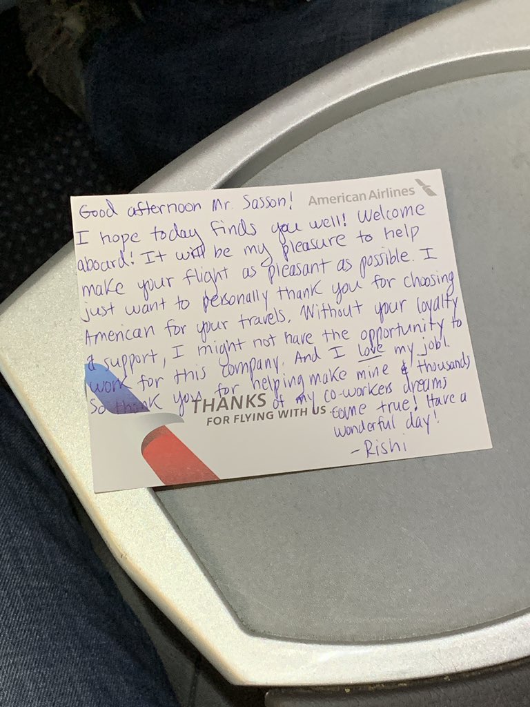 Boarding a flight with a personal note from one of the flight attendants! Very nice touch @AmericanAir